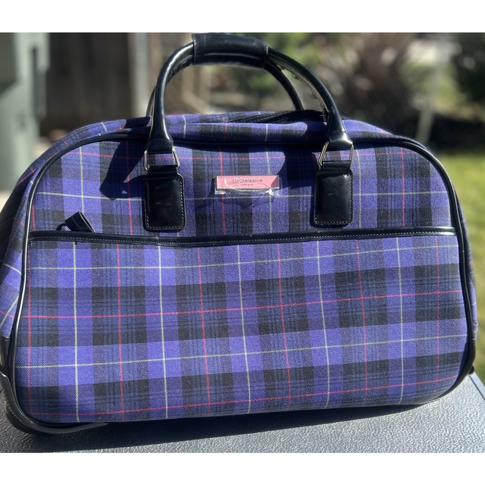 Liz Claiborne Rolling Duffel Bag Plaid Purple Blue Carry On Tartan EUC Travel